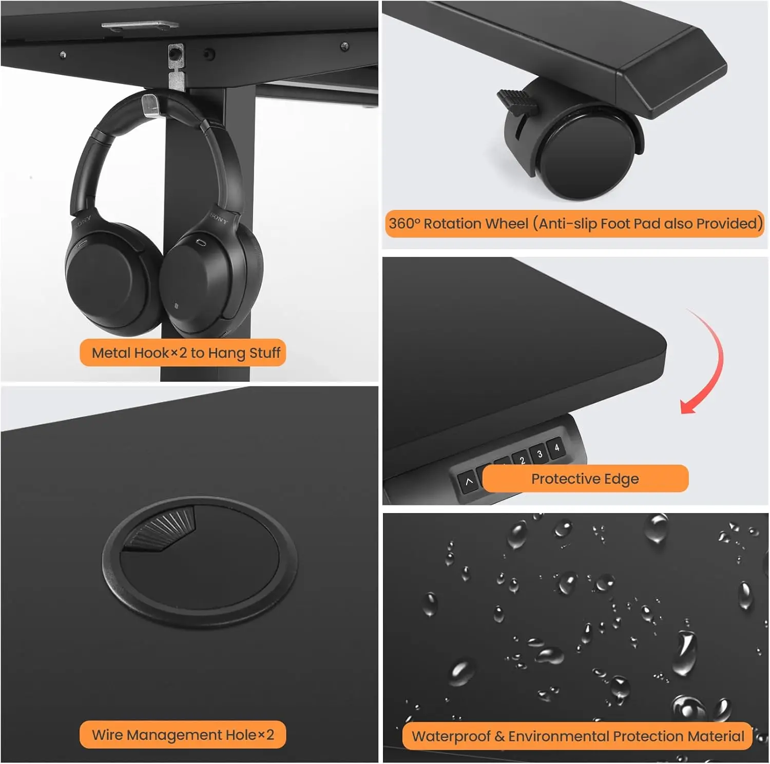 전동 스탠딩 데스크, 바퀴가 달린 55x24인치 높이 조절 가능, 앉아서 일하는 책상, 충전 스테이션, USB 2개, 콘센트 3개, 검정색