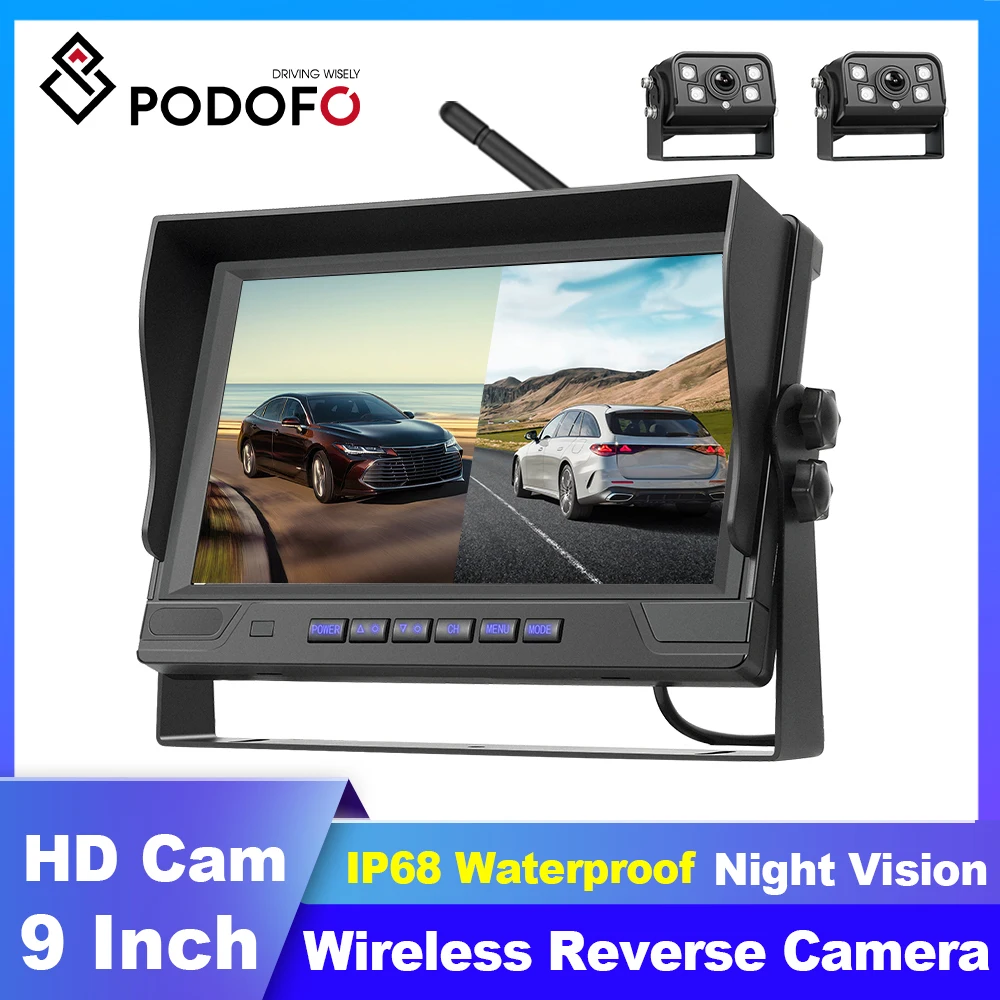 Podofo 9 inch IPS Screen Wireless Reverse Camera Car Monitor IP68 Waterproof Infrared Night Vision with cameras for truck 