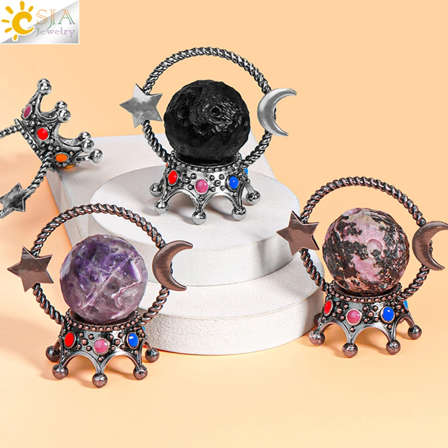 

Natural Crystal Stone 40mm Ball Base Porous Star Moon Crown Planet Sphere Stand Base Metal Holder Crafts Jewelry for Decora H281