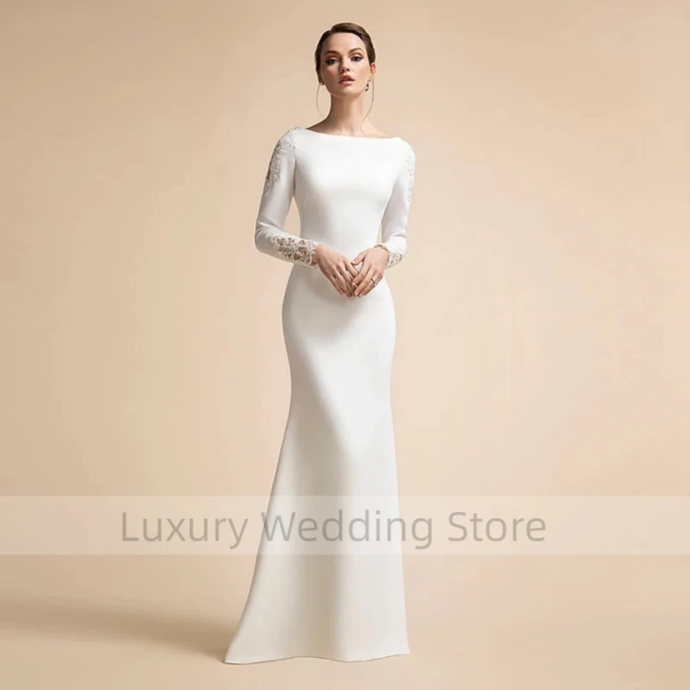 Vestidos De Novia musulmanes De lujo para mujer, Vestidos De Novia De encaje De satén, marfil, cuello redondo, mangas largas, vestido De sirena Simple, 2024