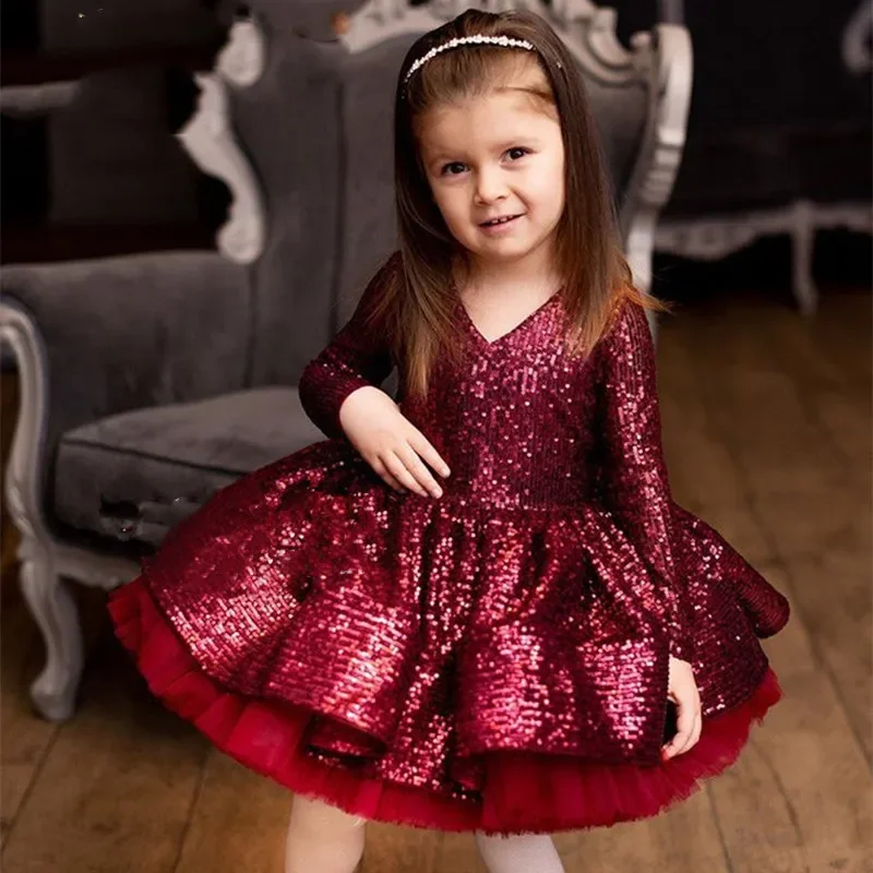 Baby Girl Glitter Sequined Princess Dress Bow Formal Children Kids Gown Modern Dance Costumes Long Sleeve Girls tutu Dress