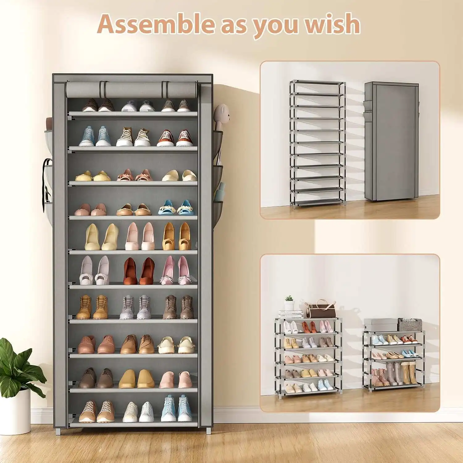 Vertical Narrow Shoe Rack Organizer Tall Shoe Rack for Closet Entryway 10 Tier Non-Woven Cover Shoe Shelf Holds 36-41 Pairs Free Standing Shoe Storage Cabinet with Dustproof Cover, 10 row, Grey
