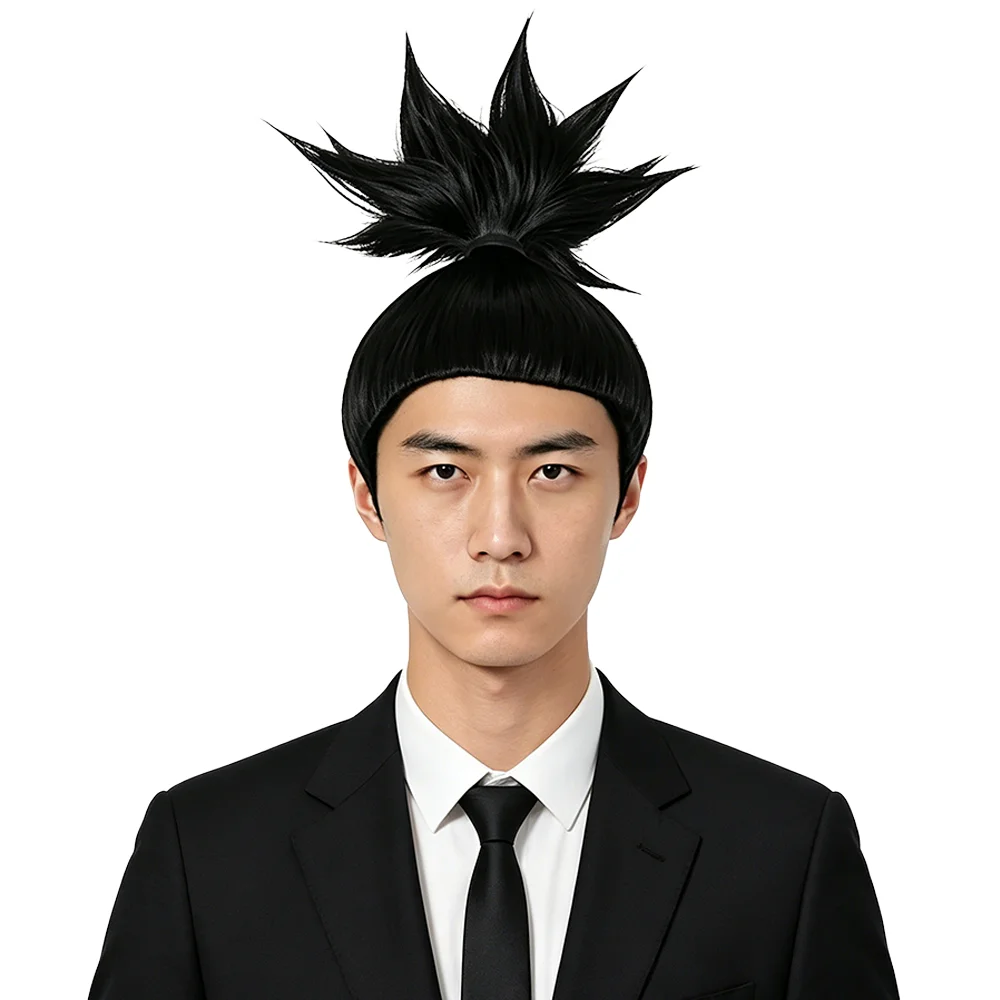 

Nara Shikamaru Cosplay Wig 30cm Black Spiky High Ponytail Heat Resistant Easy to Style Synthetic Wig For Men Women Free Wig Cap