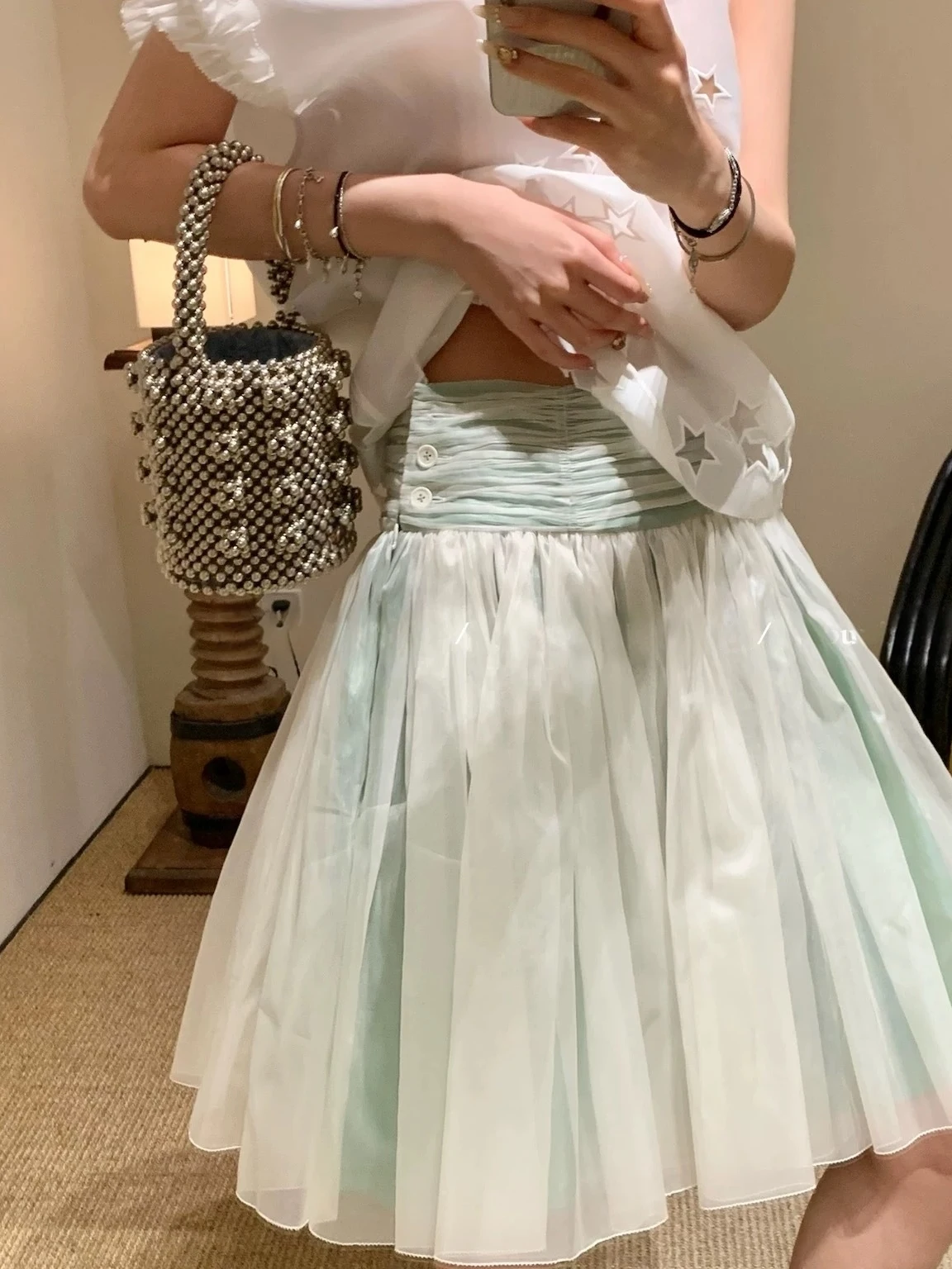 

Mint Green Double Layer Puffy A-Line Skirt South Wind Half Skirt Fashionable Women's High Waist Color Spring Set