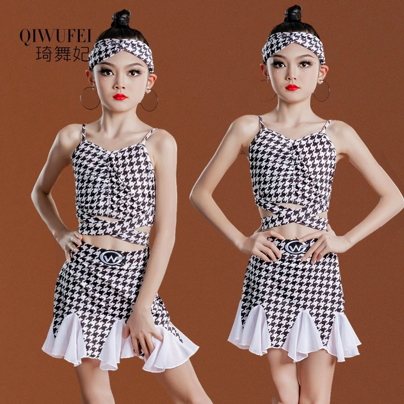 

Children's Latin dance costume, women's training costume, competition performance, professional dance costume suit houndstooth