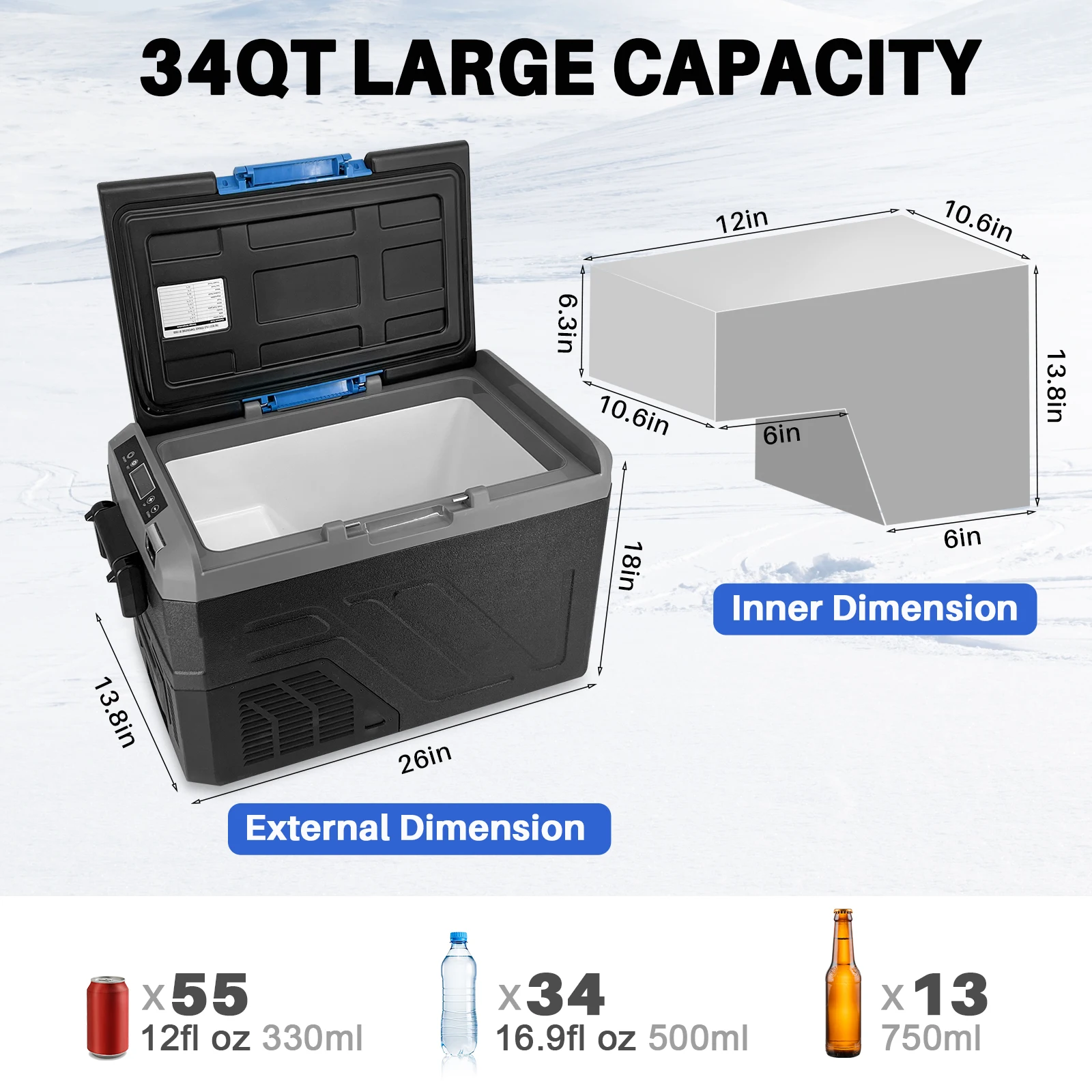 Treeligo 34qt/32L Car Portable Fridge Freezer Refrigerator 12V 24V For Camping Picnics Travel RV Van High-capacity Top Quality