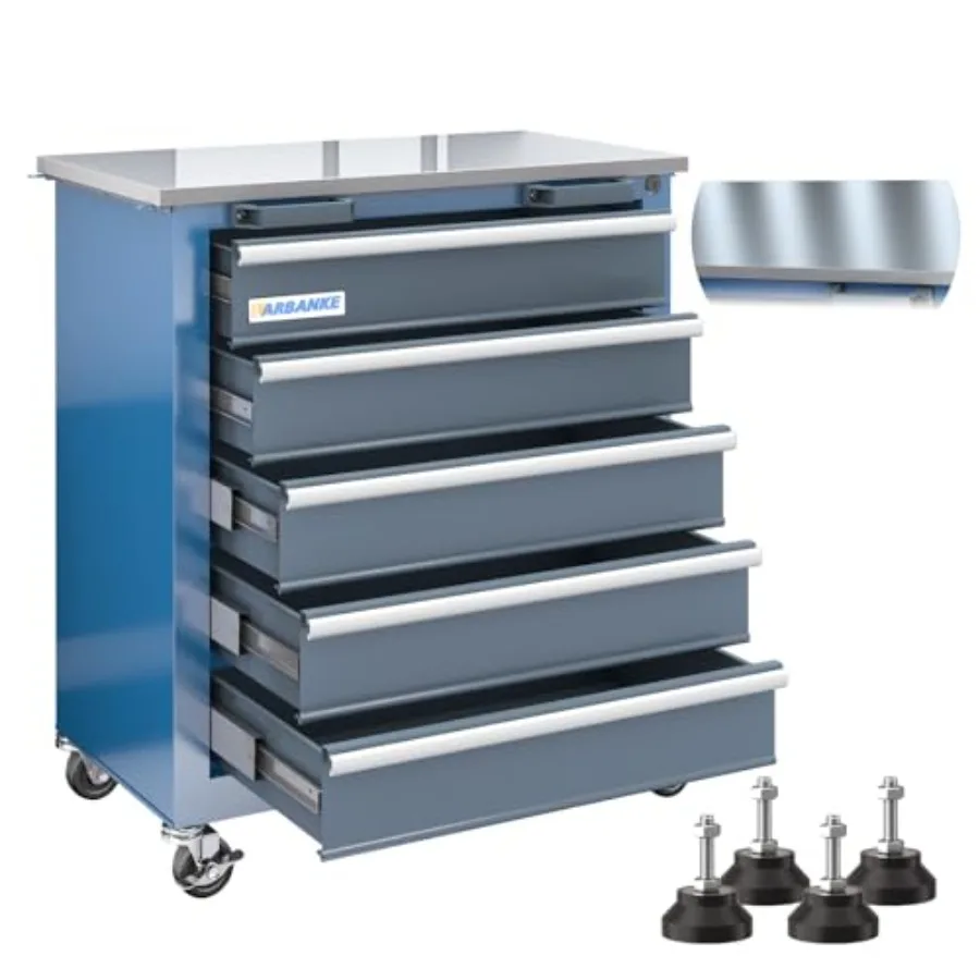 

5-Drawer Rolling Tool Chest with Stainless CounterTop Keyed Locking System Wheels and Foot Pads Drawer Liners Unique Link Buckl