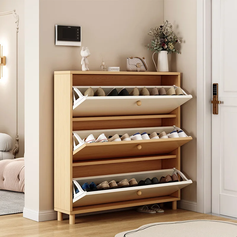 Tipping bucket shoe cabinet Solid wood household narrow entry door type living room large capacity bedroom wall dust-proof dormi