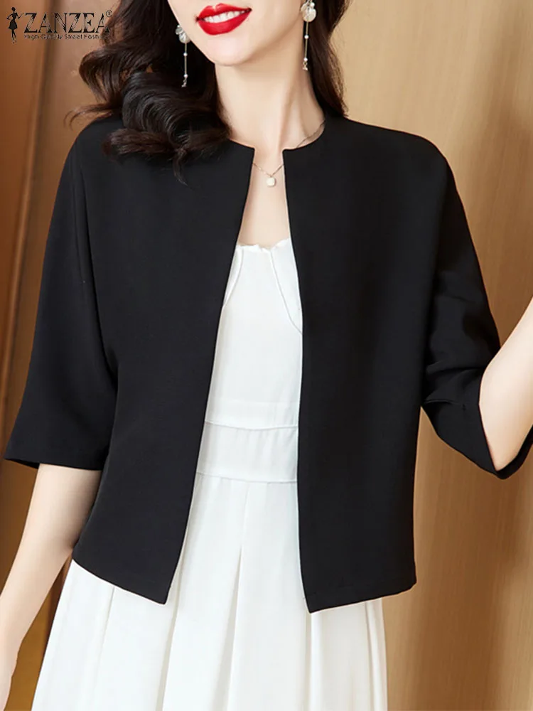 ZANZEA Summer Elegant Solid Blazer Suits Fashion Women Short Sleeve Office Work Blouse Vintage OL Shirt O Neck Jackets Thin Tops