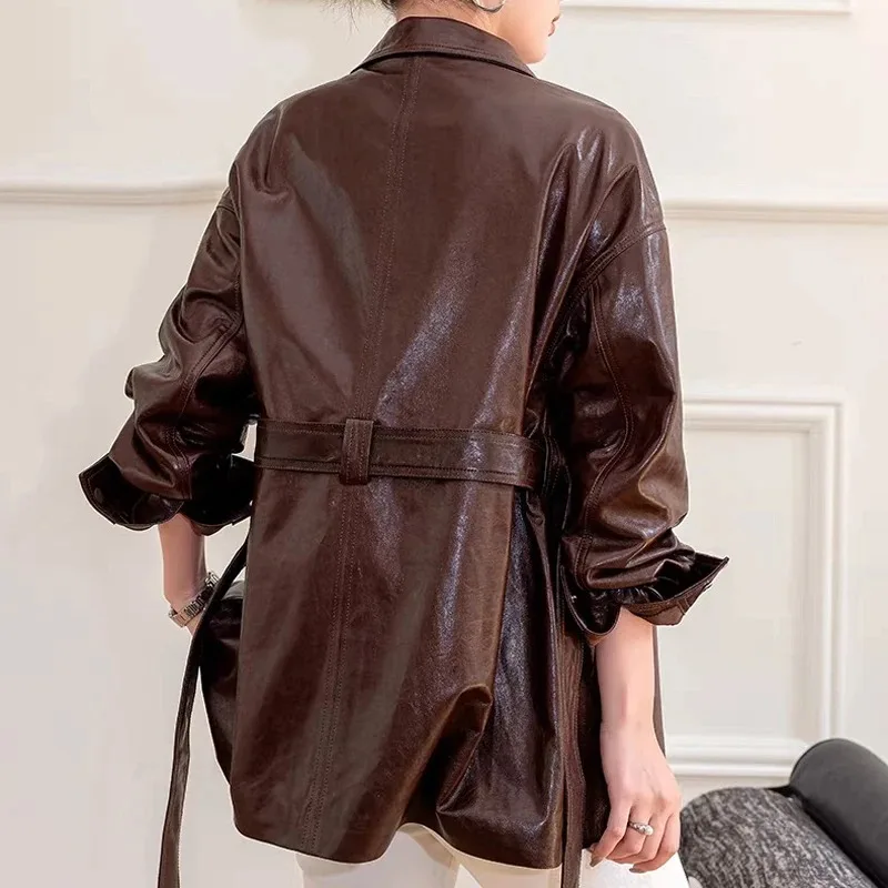 Outfits 2025, neue importierte Ölwachs-Leder-Windjacke für Damen, Retro-Braun, lässig, mittellange Jacke mit Schärpe, Abrigo Mujer