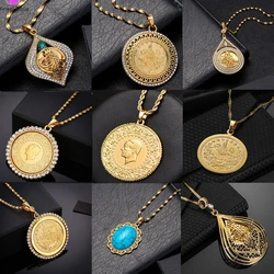 Luxury Crystal Coin Necklace Turks Women/Men Gold Color Turkey Wedding Jewelry Turkish Coin Lucky Allah Pendant Never Faded