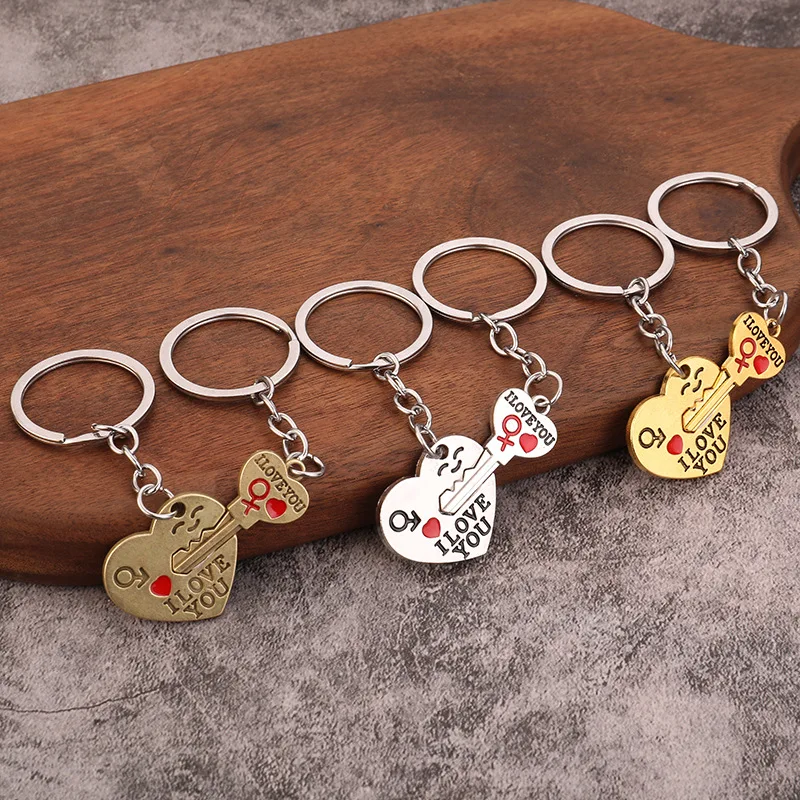 1 Pair Valentines Day Lovers Keychain Heart Shaped Lock and Key Anti Loss Couples Keyrings Girl Student Gift Bag Chain Pendant