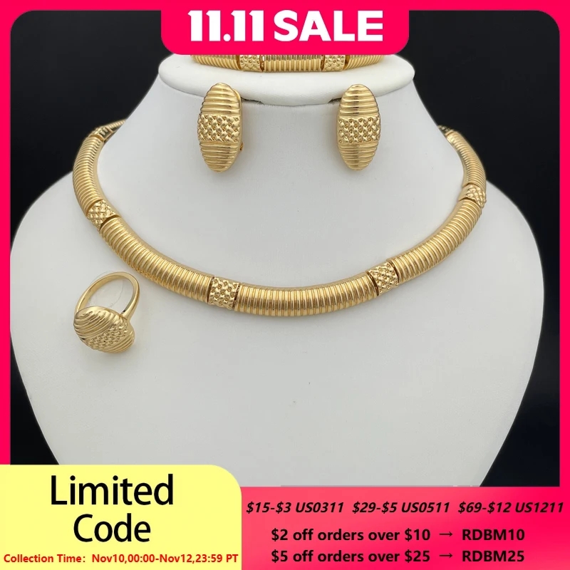 

Gold Color Jewelry Sets For Women Luxury Quality Necklace Earrings Bracelet And Ring Dubai African 18K Gold Plated Jewelry