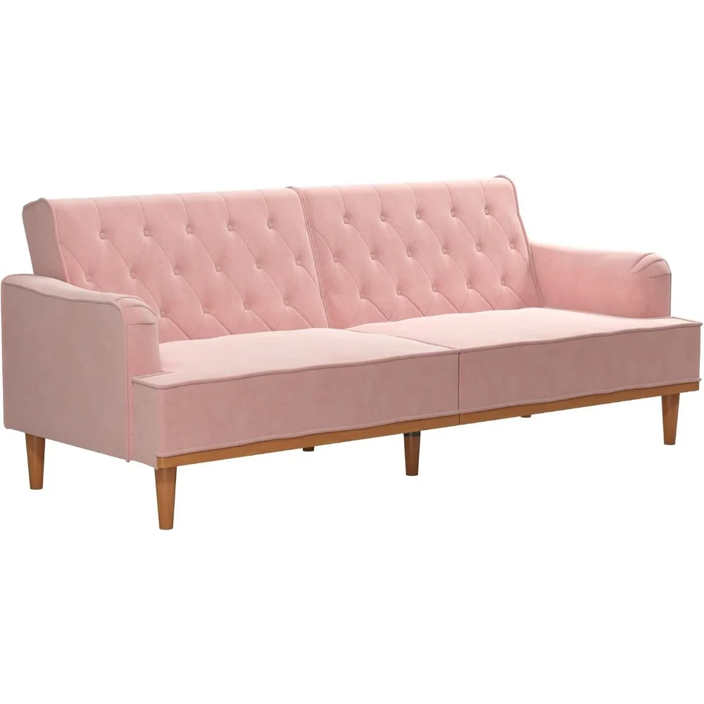 Mr. Kate Stella 80 Inch Futon Sofa Bed in Velvet Fabric, Modern Upholstered Couch Sleeper with Button Tufted Back and Wood Trim,