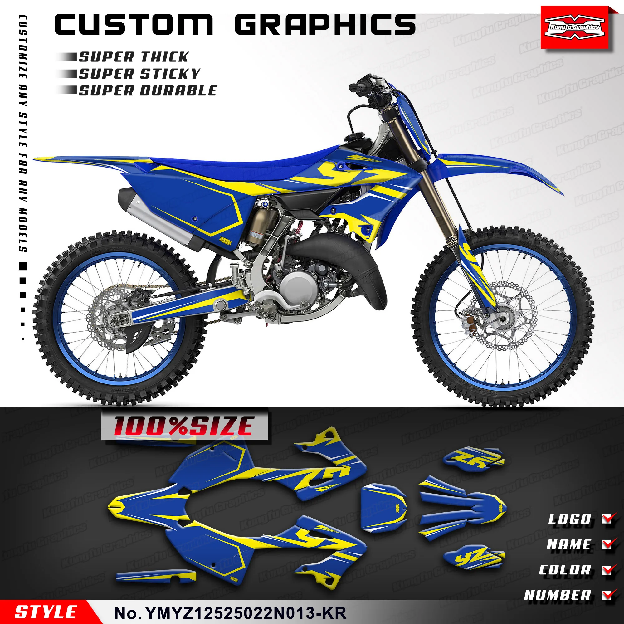 

KUNGFU GRAPHICS гоночная наклейка мотоциклетные наклейки для Yamaha YZ125 YZ250 YZ125X YZ250X 2022 23 2024 2025 26, YMYZ12525022N013-KR