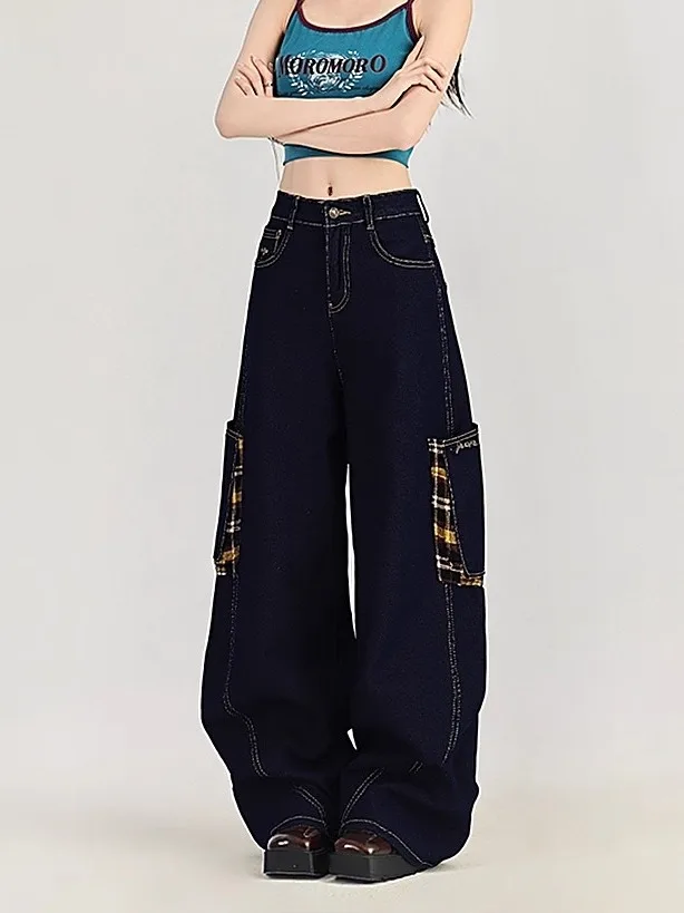 Calças Jeans de Perna Larga com Estampa Xadrez Americana Retro para Mulheres, Calças Largas de Cintura Alta, Novidade de Outono