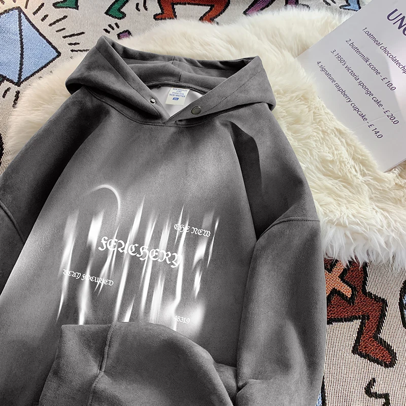 

Gothic Letter Printed Suede Hoodie Men's Fall Oversize Hooded Sweatshirt Street Style Couple Hoodie Pullover