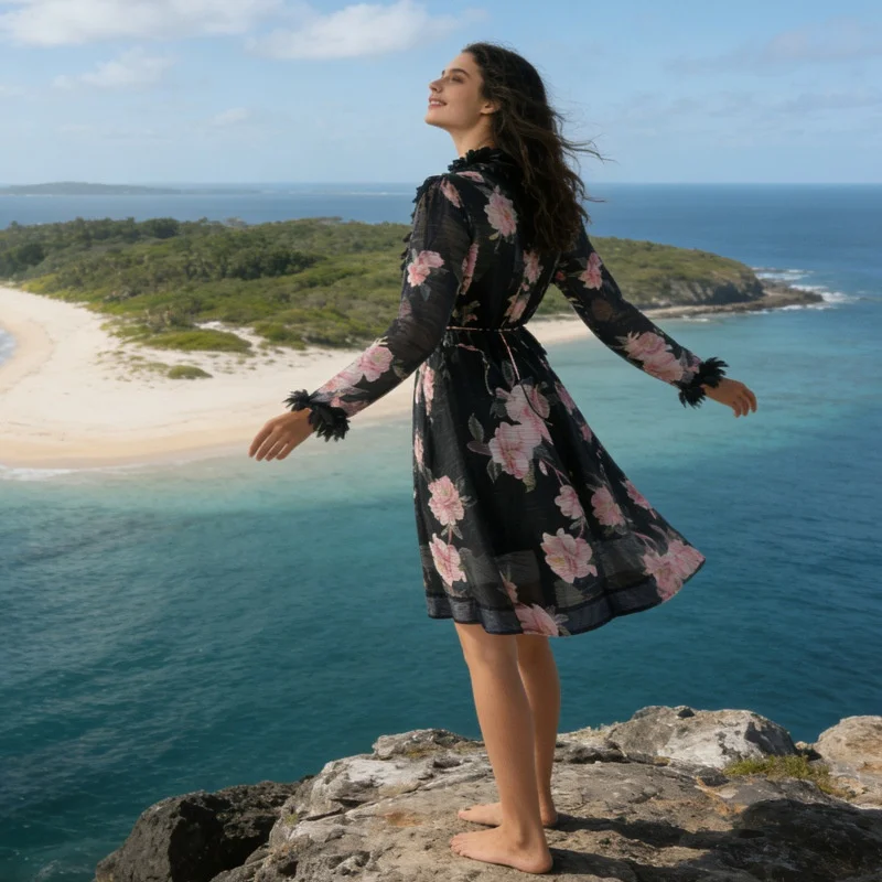   Nuovo modello di fiori di tè in lino Bla 3D piccolo fiore lungo Sve ort Dr Street Sle vita alta A-Lin...