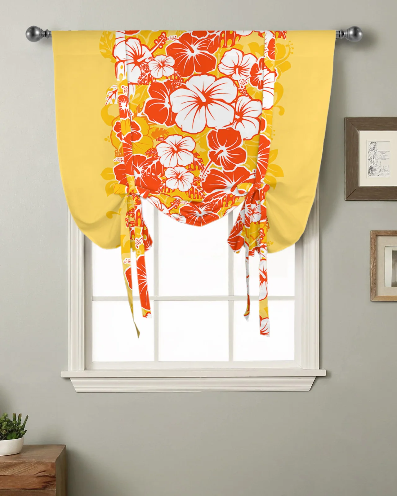 Hawaiian Tropical Flower Yellow Kitchen Short Window Curtain Rod Pocket Curtains Home Decor Small Window Roman Tie Up Curtains