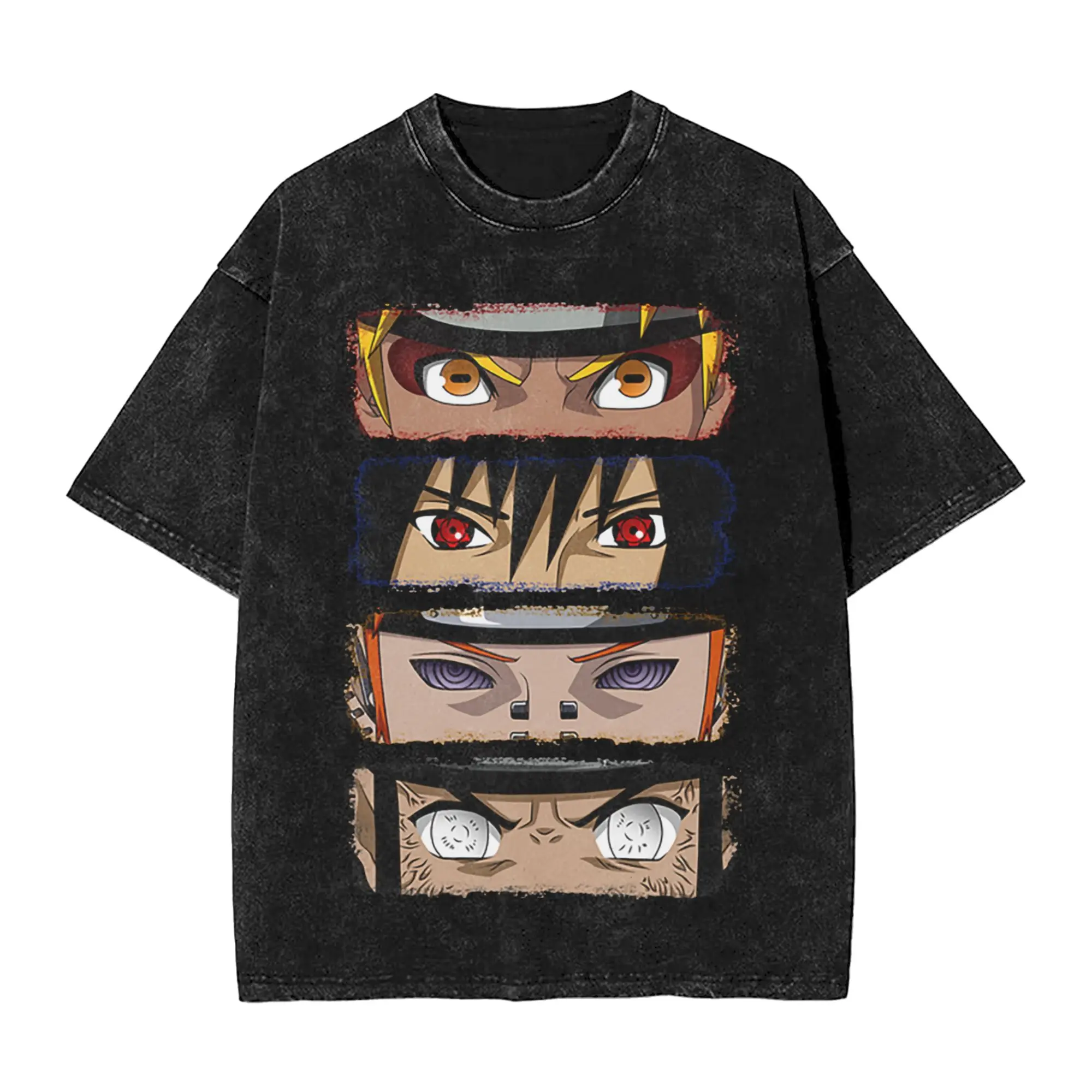 2026 Summer Naruto Legendary Eyes Collage T‑shirt, Vintage Washed, Harajuku Streetwear, Unisex Tee for Shonen Anime Fans