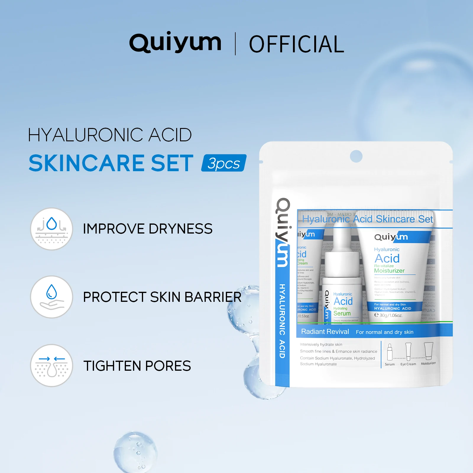 Quiyum Retinol Anti-aging Radiance Boost Serum Skincare 3pcs/Set Hyaluronic Acid Tighten Pores Day Cream Set