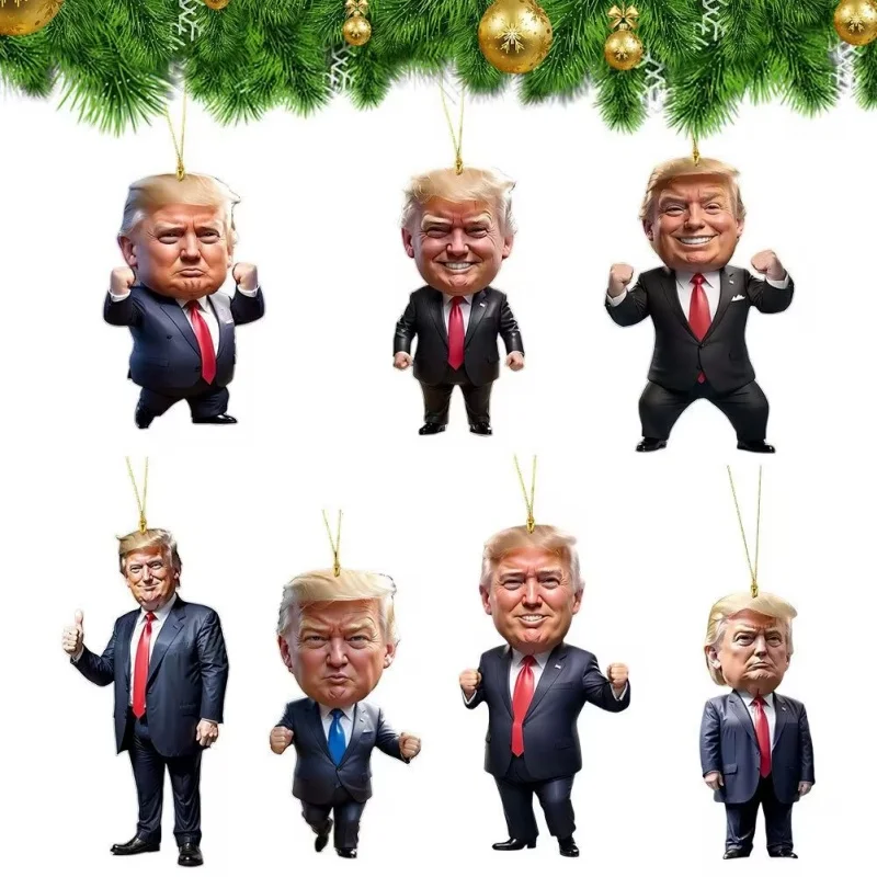 2DFunny Trump-Inspired Acrylic Flat Christmas Decor Hanging Ornament for Car and Tree Perfect Holiday Gift Funny Cartoon Pendant