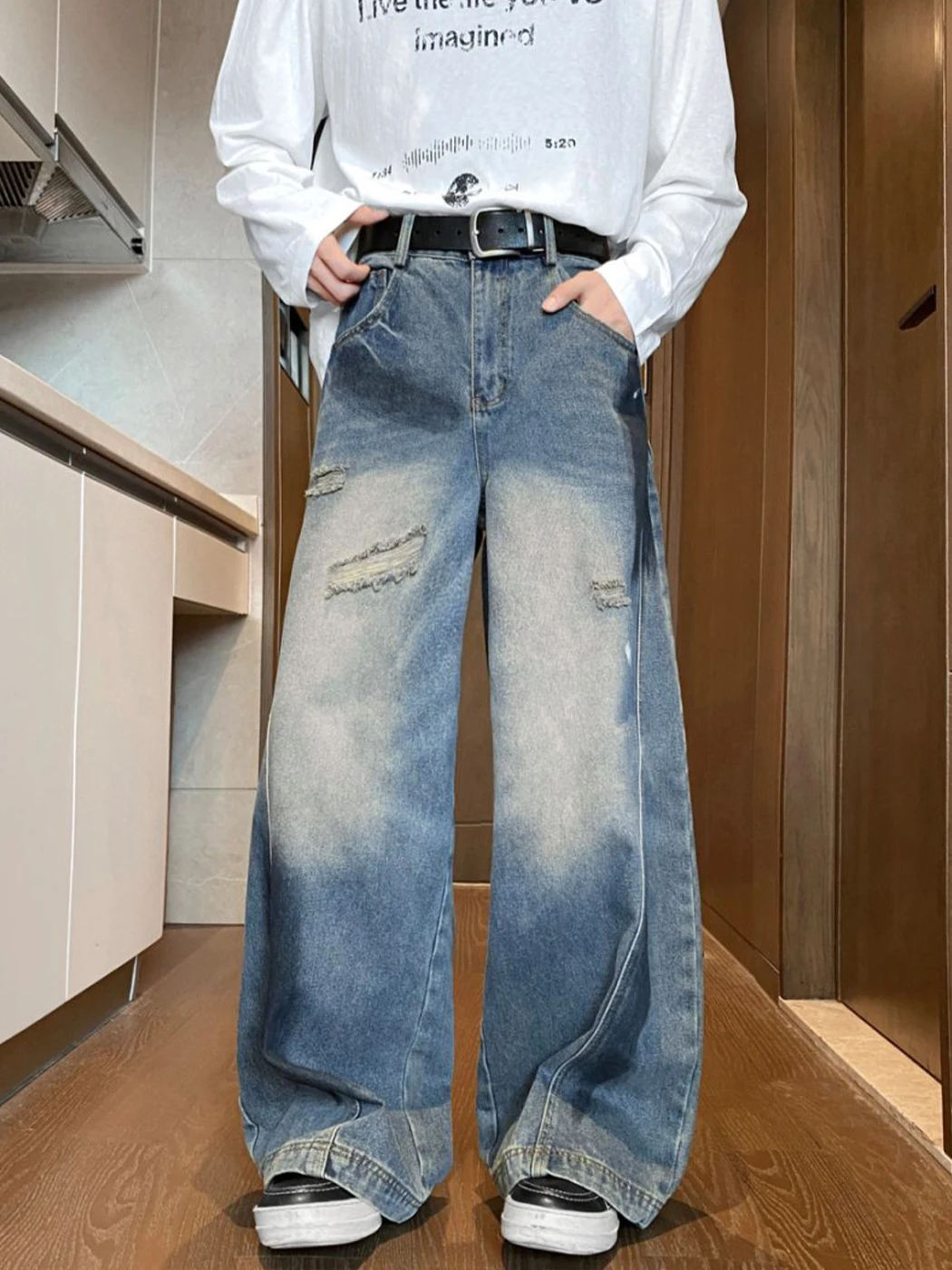 

Ретро американские широкие мужские джинсы с распылением, летние повседневные длинные брюки с дизайном разрушения, модный нож