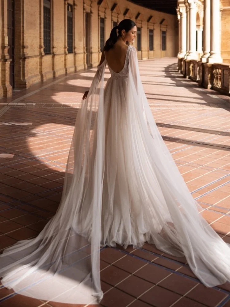 Elegante Tule Trouwjurk Kant Decal Bloeiende Cape Mouwen Formele Trouwjurk A-lijn Split Bruid Jurk Maatwerk