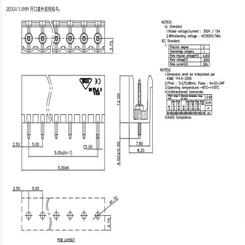 KF2EDGK 터미널 플러그 유형, 300V 10A 5.08mm 피치 커넥터, PCB 나사 터미널 블록, 2p, 3p, 4p, 5p-24p, 10 세트