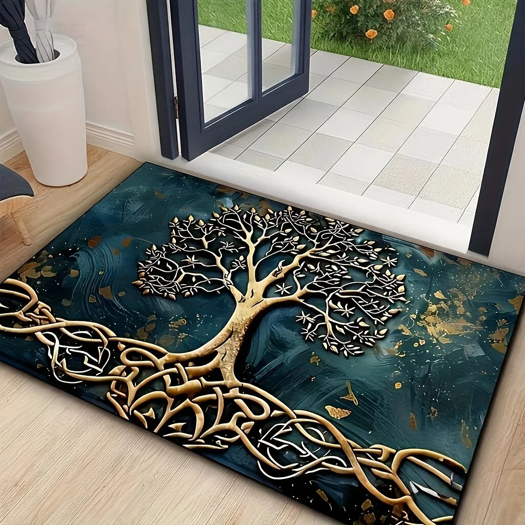 Tree of Life Doormat Style Knot Root Teal Gold Foil Art Graphic Entryway Mat Floor Rug for Mystical Bohemian Indoor Home Decor