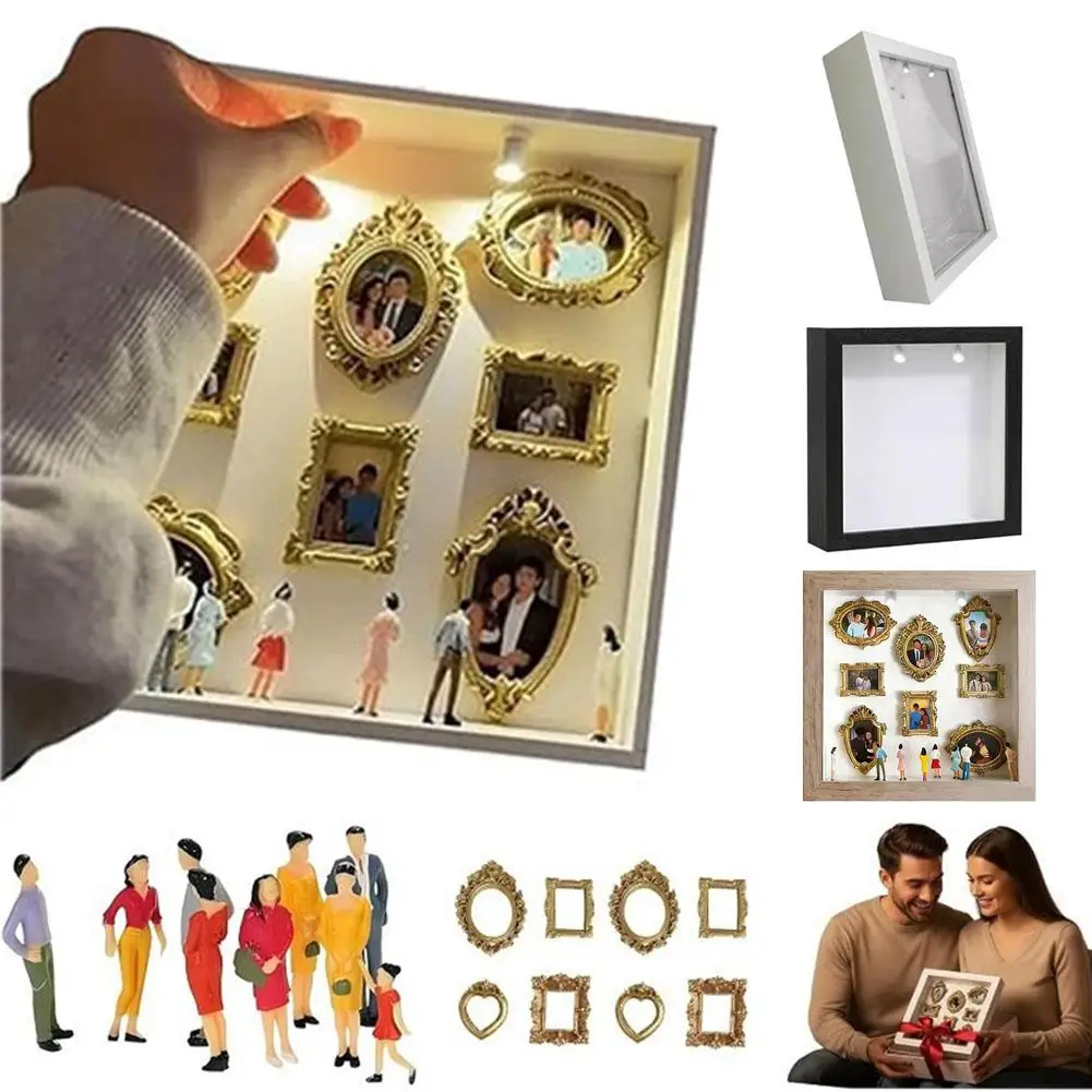 DIY Mini Museum Silhouette Box, Creative Memory Display Kit with Mini Figurines Gold Frames for Wedding Valentine's Day Gift
