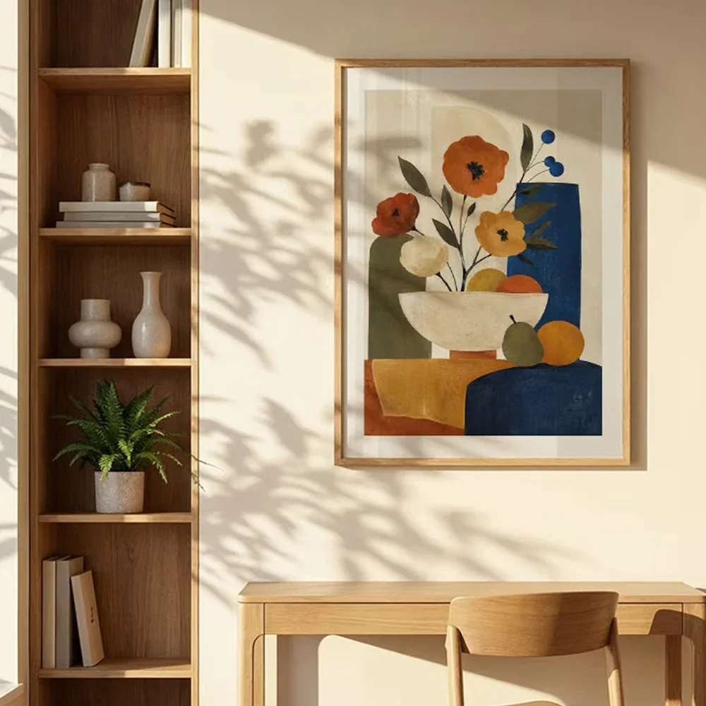 Multiple sizes 1pc frameless Canvas Painting,Wabi-sabi Style Minimalist Geometric Art Poster Print Abstract Fruit Vase Leaf Flor