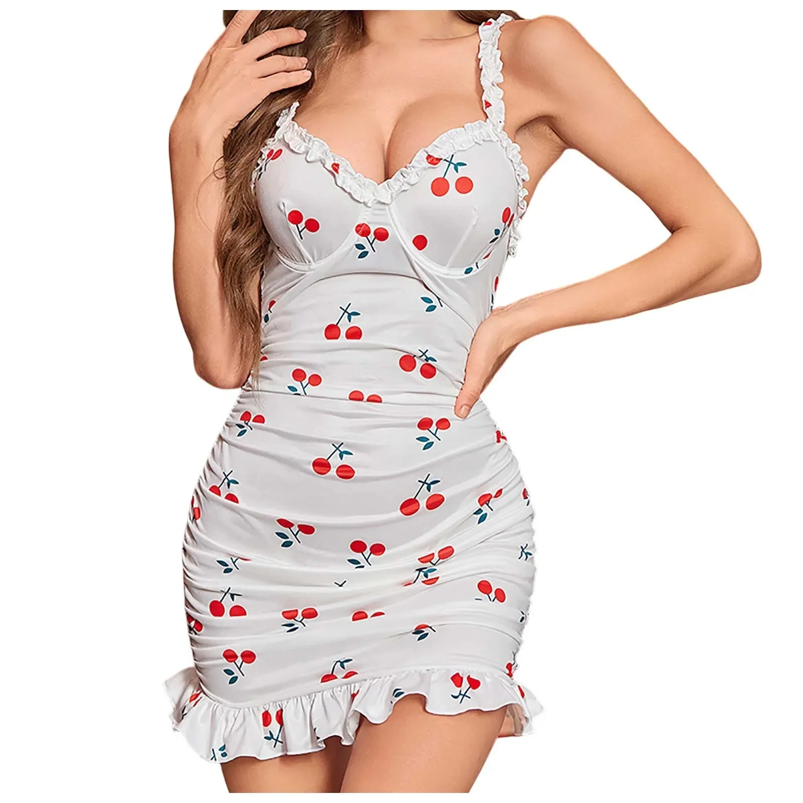 섹시한 란제리 섹시한 프린트 Pleated Wrap Hip Nightdress 잠옷 매혹적인 얇은 Pleated 꽃 가장자리 란제리 섹시한 여자는 위로 밀어