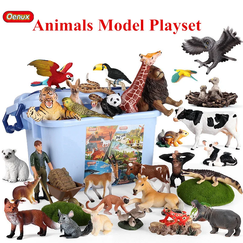 Oenux Zoo Animals Playset Simulation Wild Dinosaur Sealife Farm Scenes Action Figure Model Cute Miniature Kids Toy Gift With Box