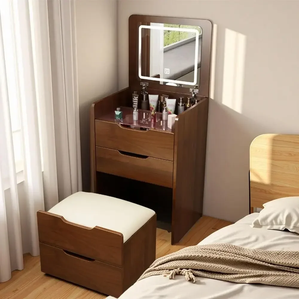 3-in-1 Vanity Desk with Flip Top Mirror, 23.6 Deep Makeup Station, Compact Dressing Table with 3 Drawers, Hidden Stool, Space-Sa