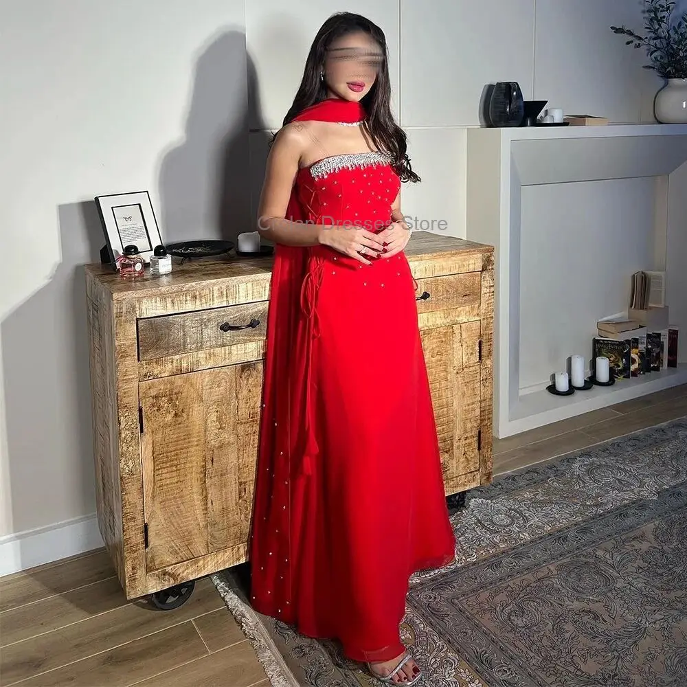 Red Jersey Evening Dress with Pearls and Beading Sexy Strapless Watteau Train Prom Dress Woman Sleeveless Formal Occaison Gowns