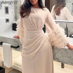 Saudi Arabia O-neck Prom Dress Ankle Length Ruffles Full Sleeves New Elegant Party Gowns Champagne Formal Women Evening Dresses