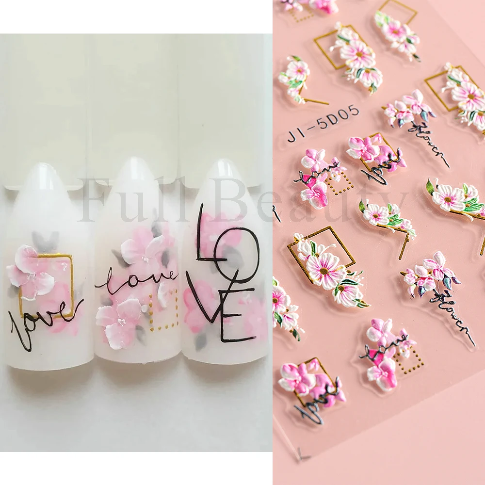 5D naklejki do paznokci kwiaty geometryczne linie Decor akrylowe tłoczone suwaki złote oprawki kalkomanie do paznokci kwiat wiśni Manicure GLJI-5D05