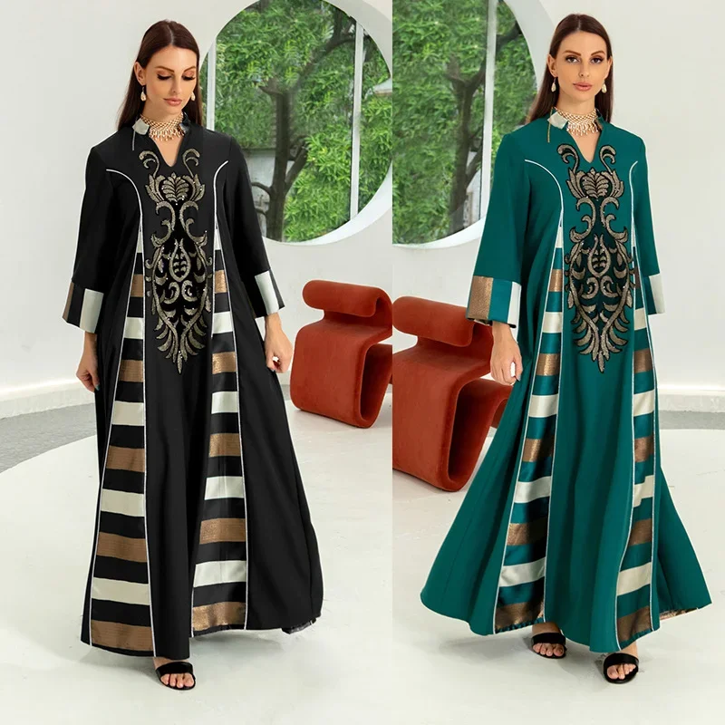 2025 New Middle East Muslim Robe Dress Embroidered Stripe Abaya Loose Gorgeous Evening Dress for Arab Dubai Morocco Wholesale