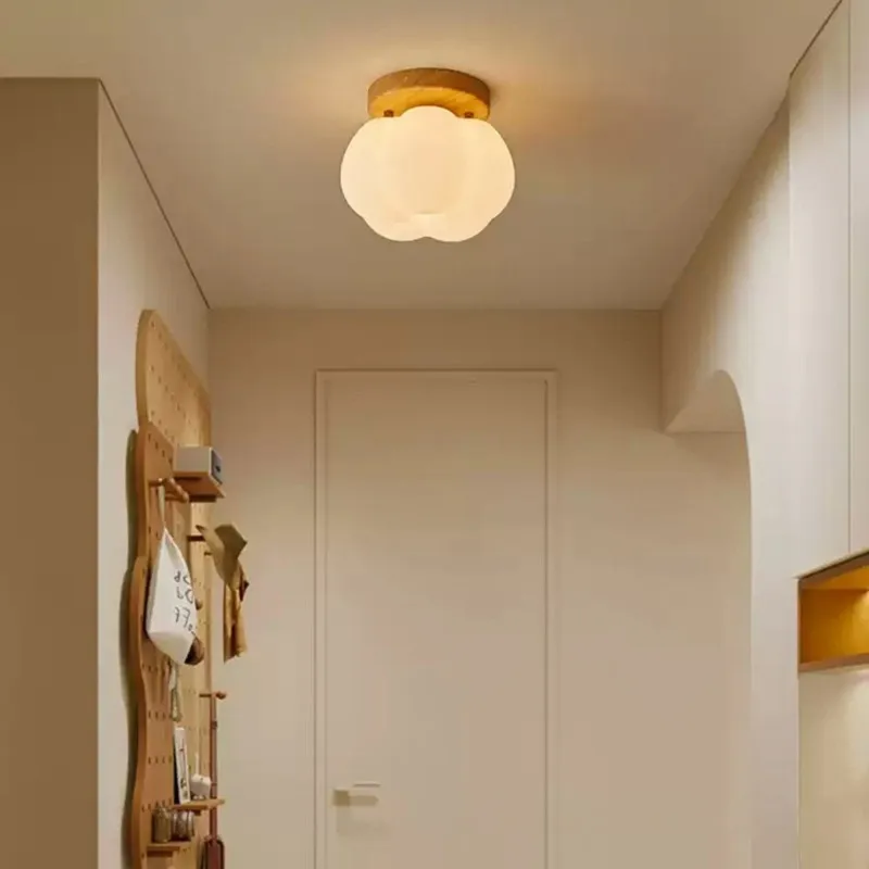 ABLK White Cloud Shape Forstated PE Shade Ceiling Light Fixture Wood Base Semi Flush Mount For Hallway Entryway Balcony