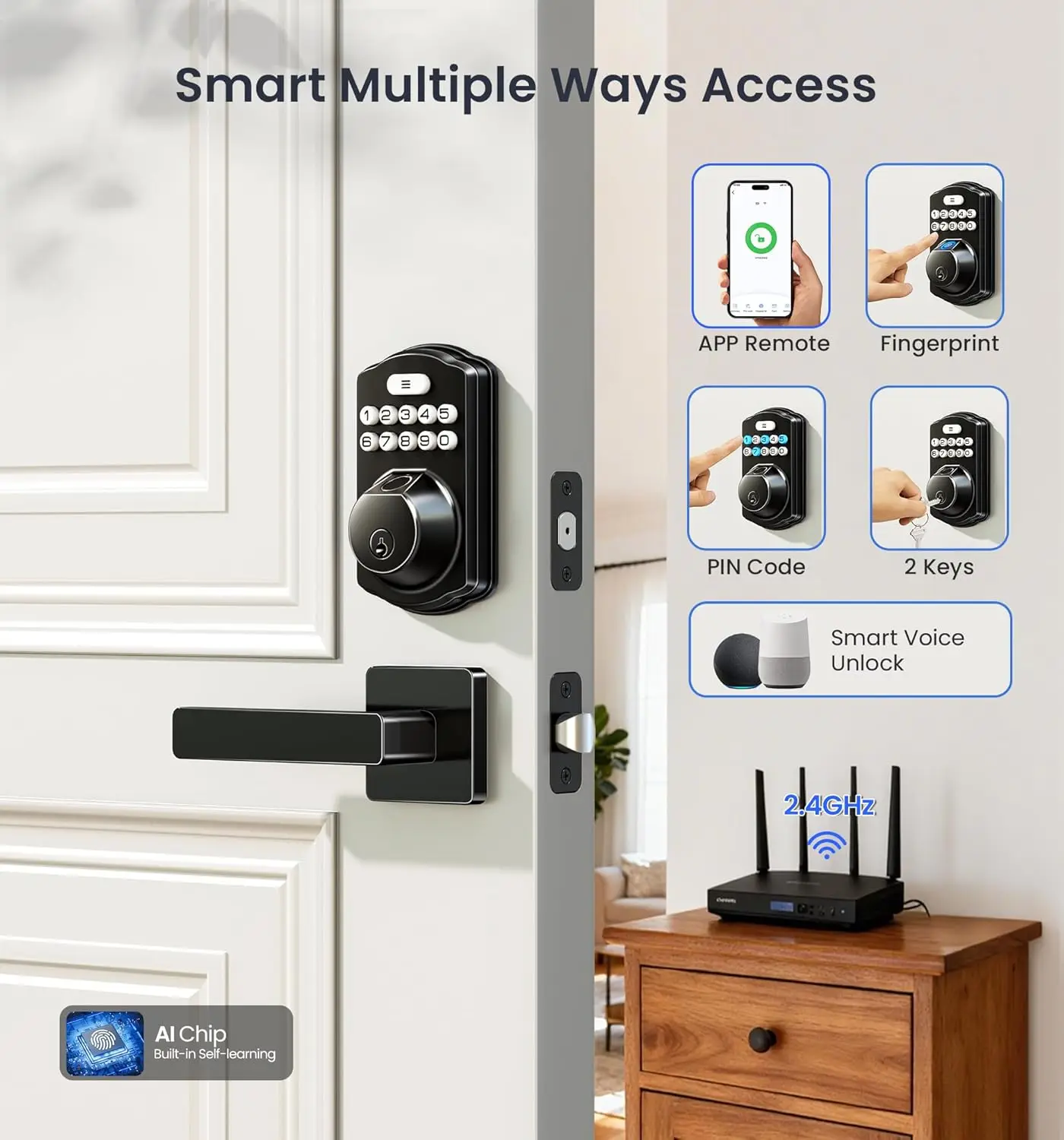 VE012W-L قفل ذكي مدمج ببصمة الإصبع WiFi مع مجموعة مقبض رافعة، جهاز تحكم عن بعد للتطبيق، دخول بدون مفتاح للباب الأمامي، تخفيضات كبيرة