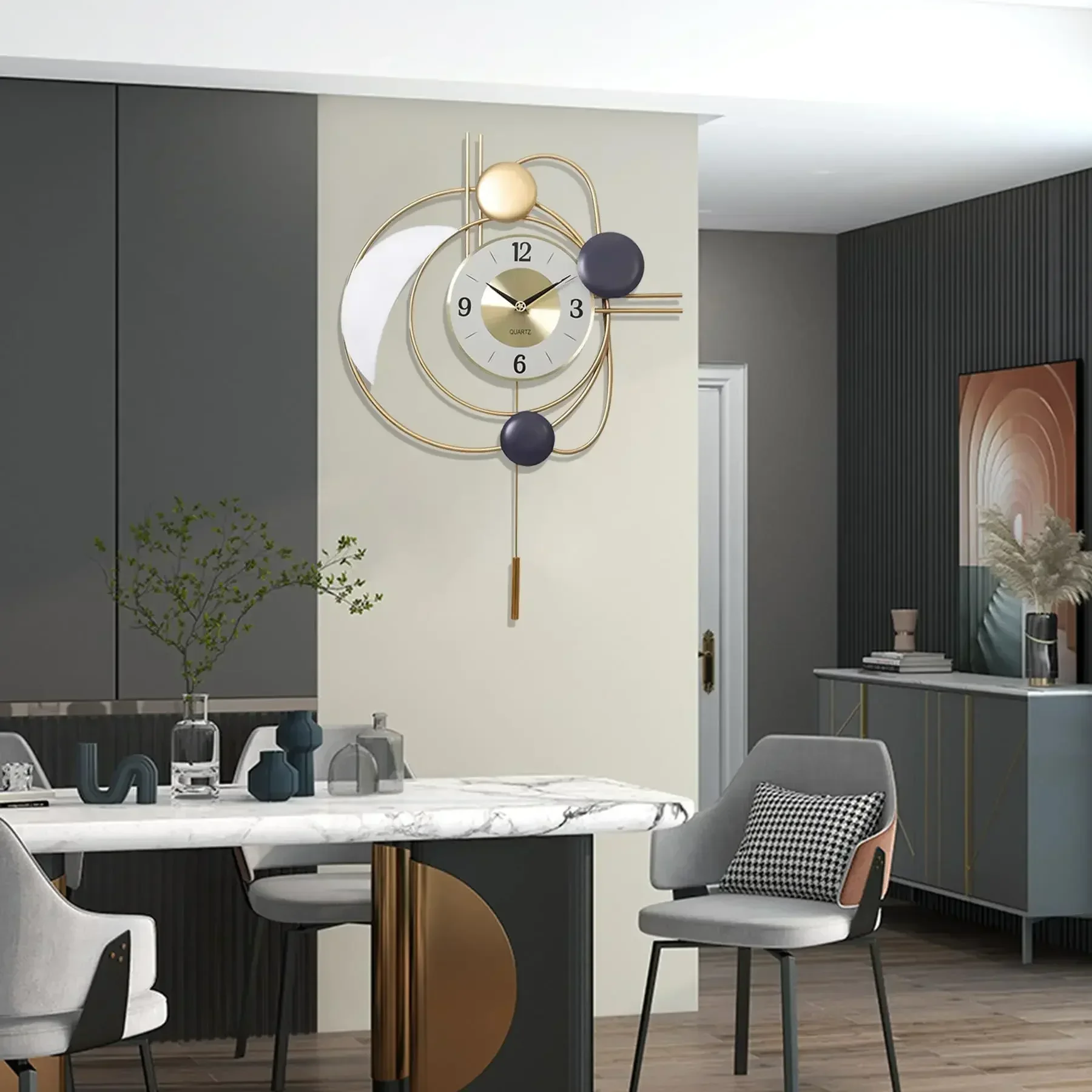 ساعات حائط ذهبية كبيرة لغرفة المعيشة الحديثة ساعة بندول موضة إبداعية ساعة حائط للمطبخ دون موقوتة للضوضاء للديكور