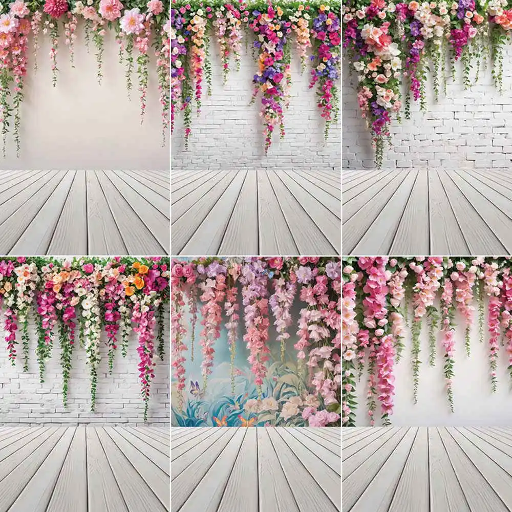 

MOON.QG Hanging Flower Decor Brick Wall Backdrop Spring Photography Studio Shooting Prop Background Maternity Children Photozone