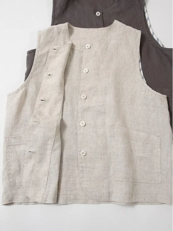 Artistic Simple Large Size Women's Vest Pure Color Linen Svel round Ne Double ket Loose Casual oulder Pad