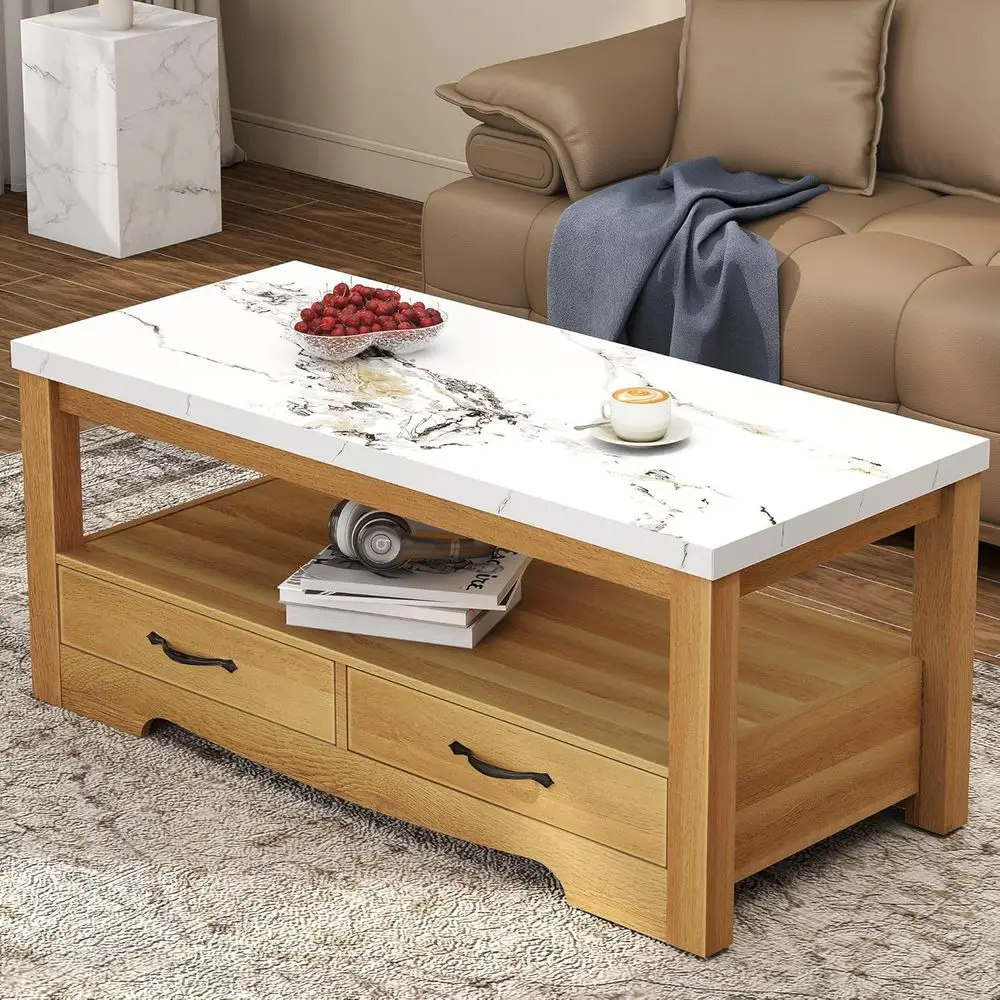 

40 Faux Marble 2-Tier Modern Wooden Rectangle Center Table with Drawers for Living Room, Conference Room, Thickened Top, Small S