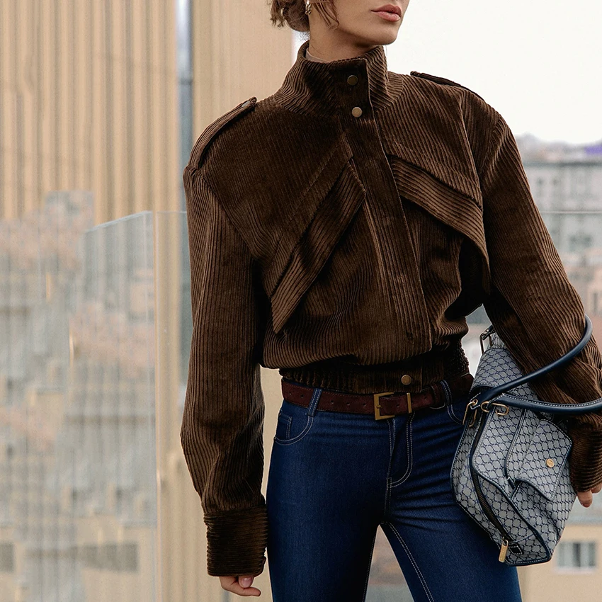 

Linad Vintage Brown Corduroy Turtleneck Coats For Woman Autumn Street Chic Long Sleeve Jackets Fashion Buttons Outerwear 2025
