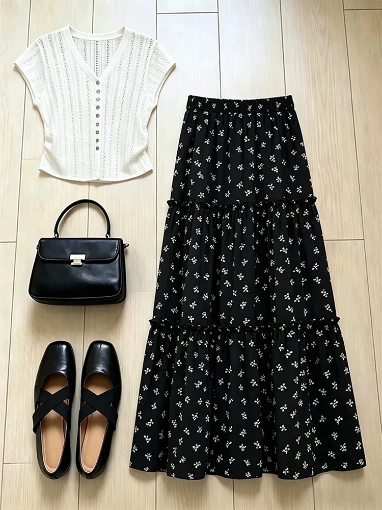 

Summer Floral Lace Hollow V-neck Short Sleeve Loose Top And Skirt Set Women's Fashion Slimming Half-length Skirt Ensemble