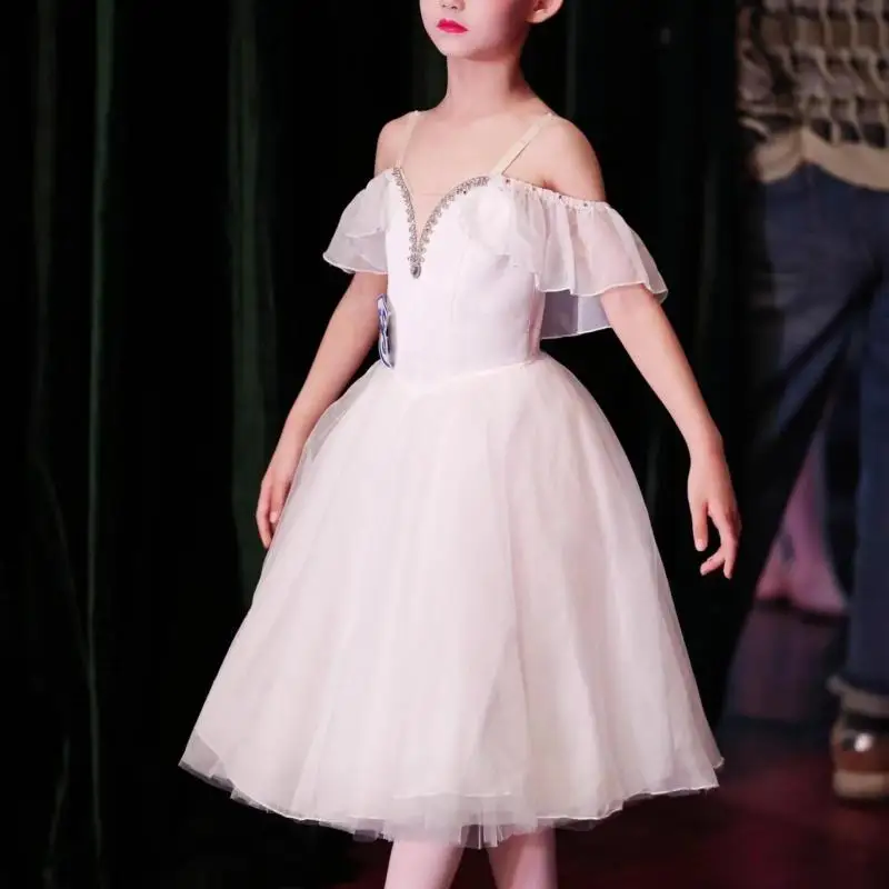 Robe de Ballet longue blanche Tutu romantique, vêtements de Ballet Ponkirt de Performance professionnelle pour femmes, Costume de danse moderne