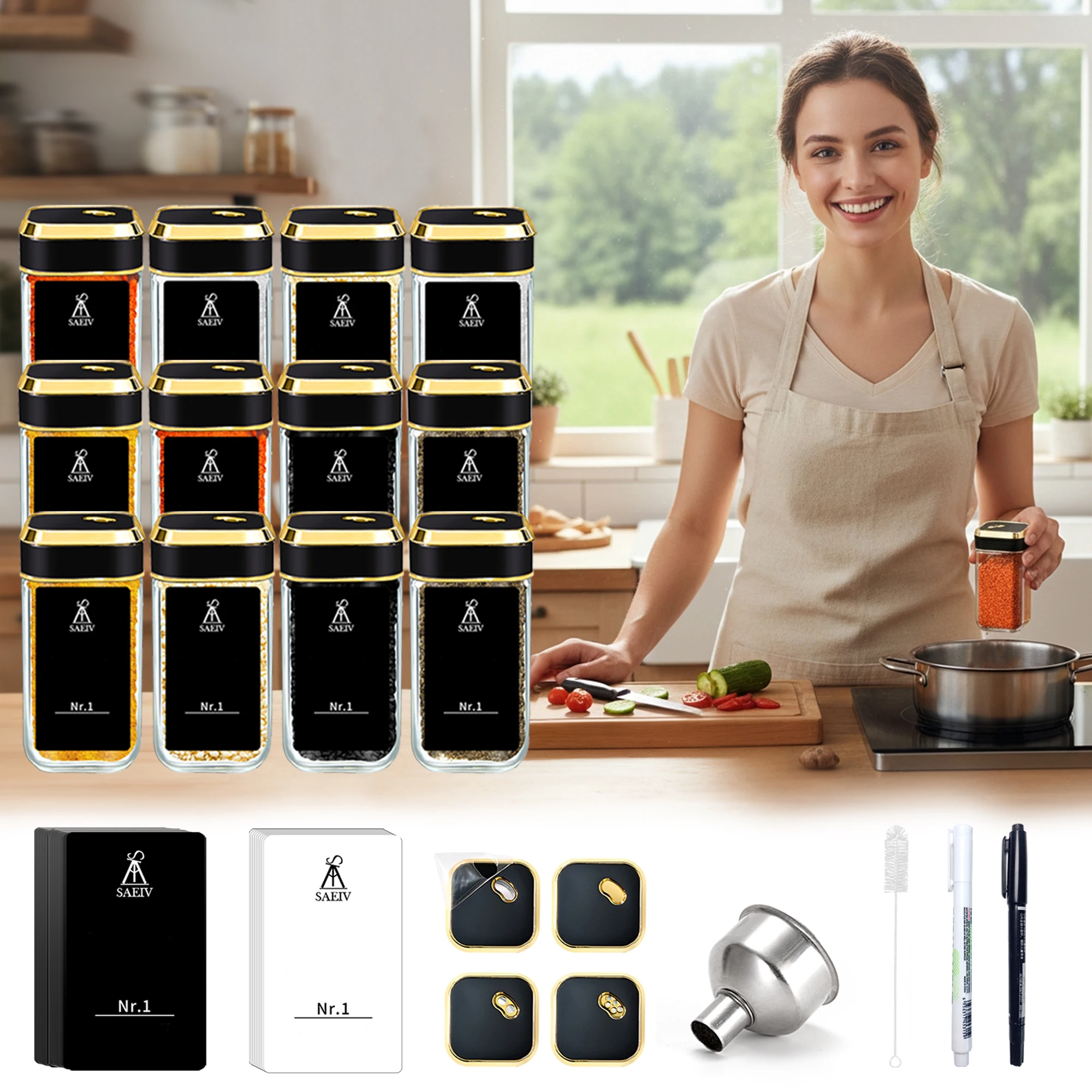 SIAZIH Versiegelte Gewürzgläser mit Deckel, 12/24-teiliges 120ml Glasgläser-Set, komplett mit Etiketten, Trichter und Bürste, Gewürz-Organizer für die Küchen-Gewürzaufbewahrung, Gewürzgläser. – Detail 2