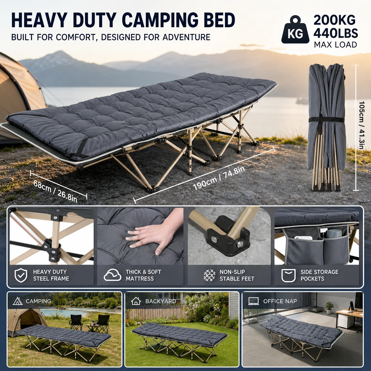 Folding Camping Bed with Mattress, Portable Office Nap Cot, Heavy Duty Steel Frame Camp Bed, Outdoor Travel Folding Bed Cotton Mat Outdoor Travel Offi